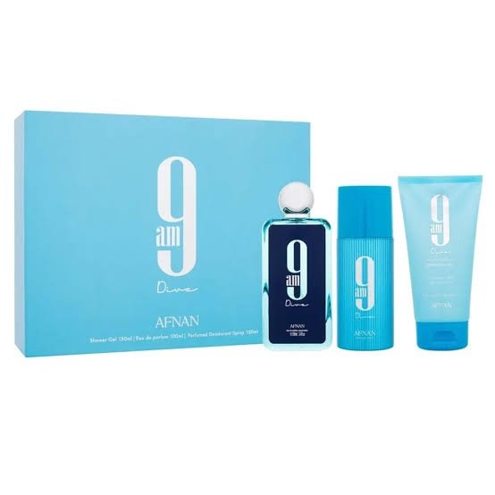 Afnan 9 am Dive showergel 100ml/Perfume Edp/Deodorant spray 150ml gift set image 0
